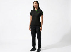 BrightShift Classic black and green short-sleeve work polo, close detail