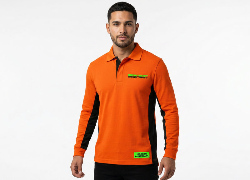 BrightShift hi-vis fluoro long-sleeve custom work polo, dye-sublimated