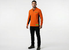BrightShift hi-vis fluoro long-sleeve work polo on model