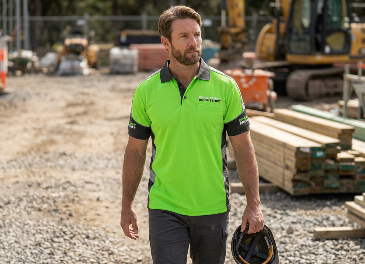 BrightShift Site green and charcoal short-sleeve custom work polo
