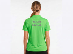 Green work polo showing custom logo placement on the back, branding example
