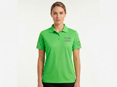 Green work polo showing where your logo goes, BrightShift branding example