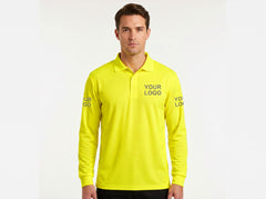 Hi-vis yellow work polo showing custom logo placement on chest and sleeves