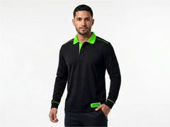 BrightShift Classic black and green long-sleeve custom work polo, front view