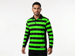 BrightShift Fluoro green and black striped long-sleeve work polo, front view