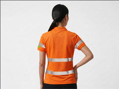 BrightShift hi-vis fluoro orange short-sleeve work polo, back with reflective tape