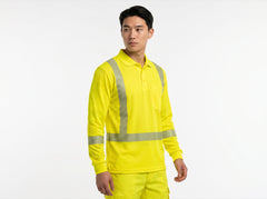 BrightShift hi-vis fluoro yellow long-sleeve work polo, front view