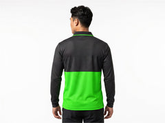 BrightShift Site green and charcoal long-sleeve work polo, back view
